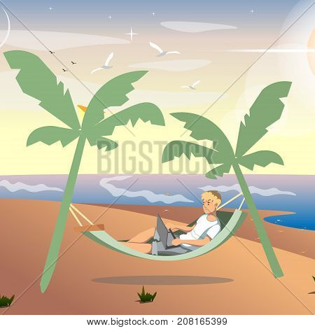 Man freelancer working on sea. Vector illustration
