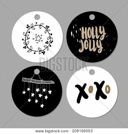 Set of doodle Christmas gift tags. Vector hand drawn cute icons. Scandinavian style printables. Xmas lettering phrases, garland, holly jolly, stars. New Year scrapbooking. Holiday festive party.