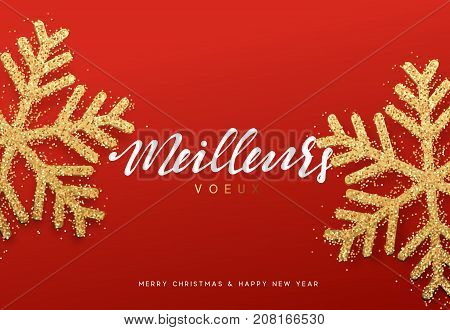 Meilleurs voeux Joyeux Noel. Xmas background with shining golden snowflakes. Christmas greeting card vector Illustration.