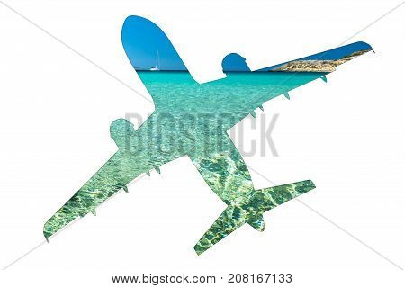 Escape to tropics. Pictures of a turquoise Caribbean sea on a silhouette of plane, isolated on white background with copy space. Side view. Tourism, travel and holidays concept.