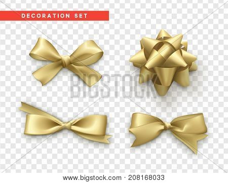 Bows gold realistic design. Isolated gift bows with ribbons.