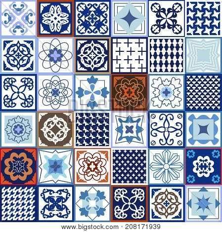 Glazed ceramic mosaic with Moroccan, Spanish, Portuguese motifs. Vector ornaments for hamam, bathroom, kitchen design. Architectural collection, blue palette.