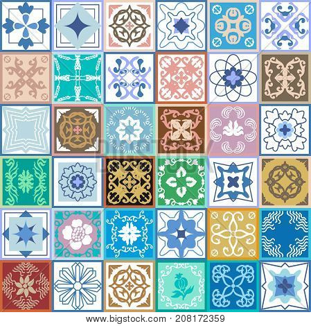 Glazed ceramic mosaic with Moroccan, Spanish, Portuguese motifs. Vector ornaments for hamam, bathroom, kitchen design. Architectural collection, blue palette.