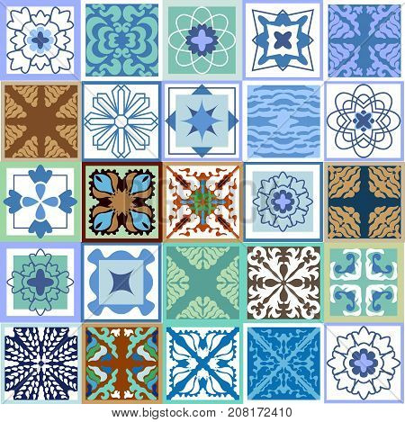 Glazed ceramic mosaic with Moroccan, Spanish, Portuguese motifs. Vector ornaments for hamam, bathroom, kitchen design. Architectural collection, blue palette.