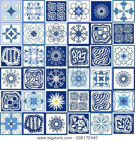 Glazed ceramic mosaic with Moroccan, Spanish, Portuguese motifs. Vector ornaments for hamam, bathroom, kitchen design. Architectural collection, blue palette.