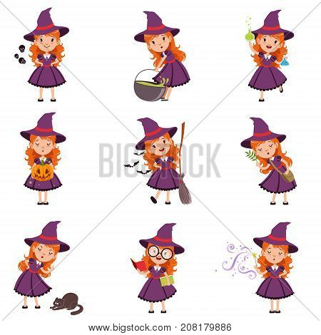 Little kid witch set wearing purple dress and hat. Girl reads, conjures, brews a potion, collects herbs ingredients, scolds cat. Halloween collection with broom, bats, magic wand and magic pot. Vector