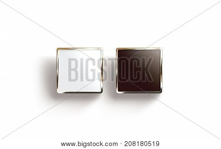 Blank black and white square gold lapel badge mock up top view 3d rendering. Empty luxury hard enamel pin mockup. Golden clasp-pin design template. Expensive square brooch for logo presentation
