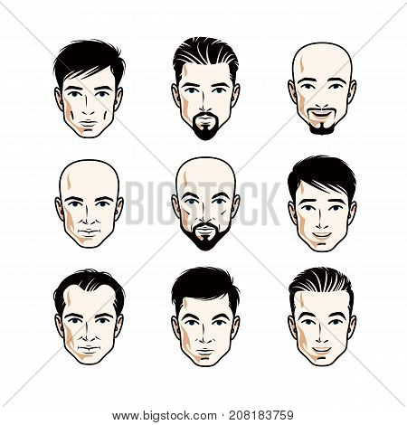 Collection of Caucasian men faces expressing different emotions vector human head illustrations.