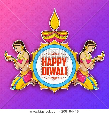 illustration of Lady burning diya on Happy Diwal Holiday background for light festival of India