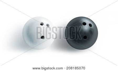Blank black and white bowling ball mock up top view 3d rendering. Empty bowl game sphere mockup isolated. Clear leisure sport equipment template. Plain shiny orb with 3 holes recreation activity.