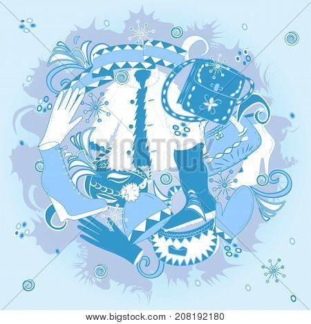 Hand Drawn Winter Clothes and Handbags. Doodle Drawings shoes on high heel scarf mitten glove and fur coat. Vector illustration.