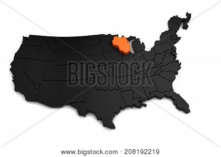 United States of America, 3d black map, with Wisconsin state highlighted in orange. 3d render