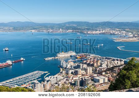 Gibraltar UK - May 18 2017: Aerial view of Gibraltar its marina and the Mediterranean sea as seen from the Rock of Gibraltar.