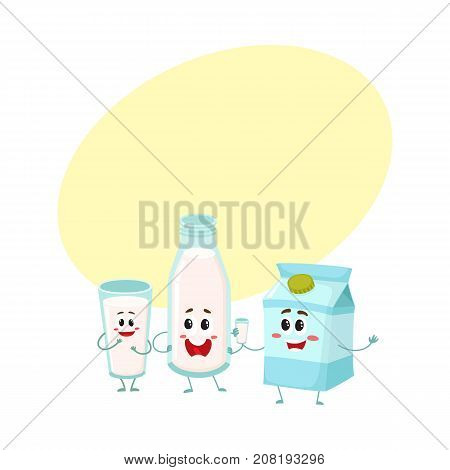 Funny milk characters - bottle, glass, carton box with smiling human faces, cartoon vector illustration with space for text. Cute milk bottle, glass and carton box characters, dairy products