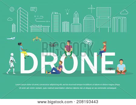 Drone illustration of young people having fan and playing with remote quadrocopters. Flat design