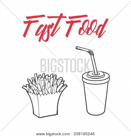 Vector sketch potato fry, french fries on striped white paper box, soft cold drink disposable cup with straw and lid. Hand drawn cartoon isolated illustration on a white background.