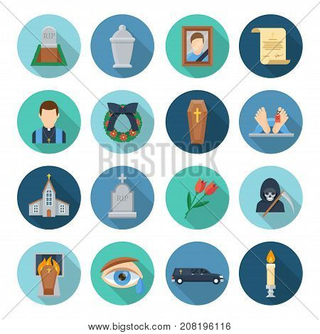 Funeral icon set. Burial, cremation rituals undertaken, saying goodbye to someone who died, service provider and church ceremony. Vector flat style cartoon illustration isolated on white background