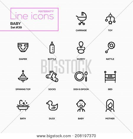 Maternity concept - line design icons set. Everything about babies and toddlers. Carriage, toy, diaper, bottle, dummy, rattle, spinning top, socks, dish, spoon, bath, duck, bed, baby, mother