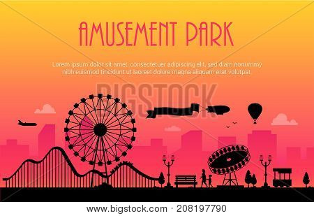 Amusement park - modern vector illustration with place for text on urban background. Big wheel, attractions, benches, lanterns, trees, people. Hot air balloon, airplane, airship in the sky