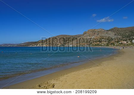 View of the sandy beach of Paleochora in the south west of the island of Crete in Greece