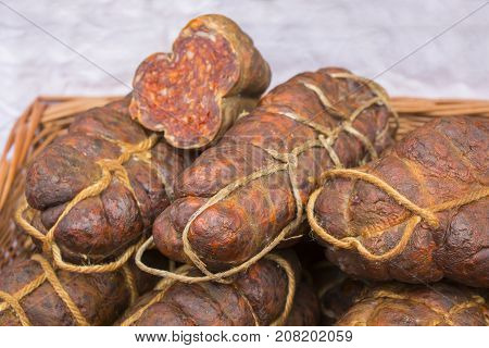 Kulen is famous authentic spicy sausage typical Slavonian dried Meat of the Croatia