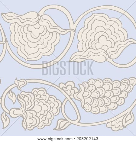 Seamless traditional chinese pattern with floral ornament in blue. Stock vector illustration.