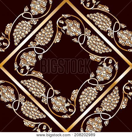 Seamless traditional chinese pattern with floral ornament in gold. Stock vector illustration.