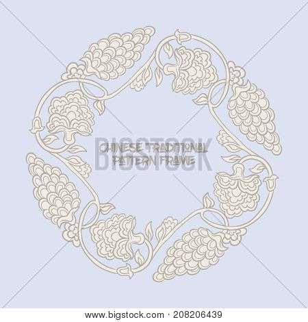 Chinese traditional floral pattern frame  for text in vintage blue color. Stock vector illustration.