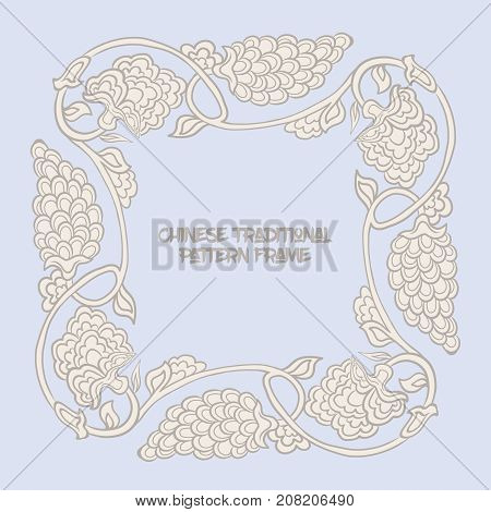 Chinese traditional floral pattern frame  for text in vintage blue color. Stock vector illustration.