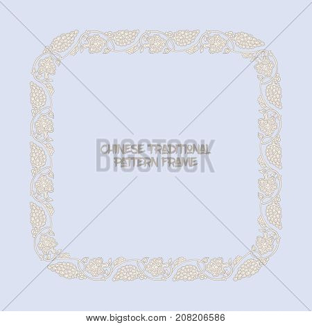 Chinese traditional floral pattern frame  for text in vintage blue color. Stock vector illustration.