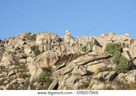 Granite outcrops in Sierra de los Porrones Guadarrama Mountains Madrid Spain.