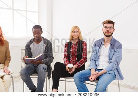 Trust circle. Company of people sitting together. Meeting of support group, copy space