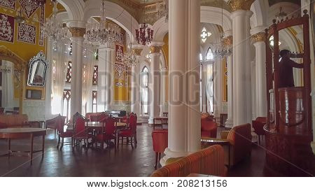 BENGALURU INDIA - FEBRUARY 20 2017: Interior decoration of famous Bangalore Palace. It was private residence of the royal Wodeyar family. It is filled with rare collection of art and paraphernalia from a bygone era.