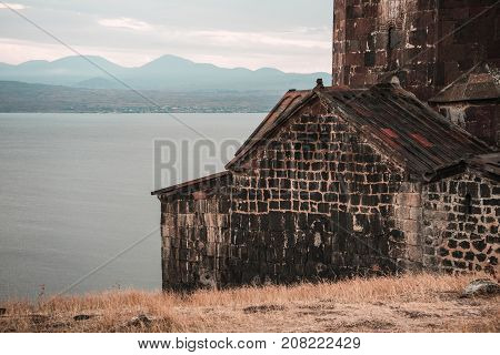 Morning on Lake Sevan in Armenia and Monastery horizontal