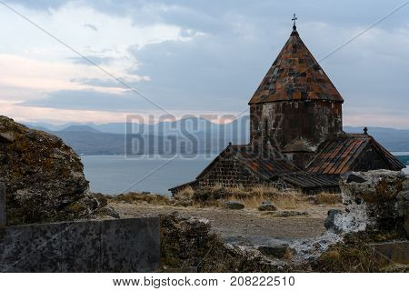 Mountains, Lake Sevan, Sevanavank Monastery in Armenia horizontal