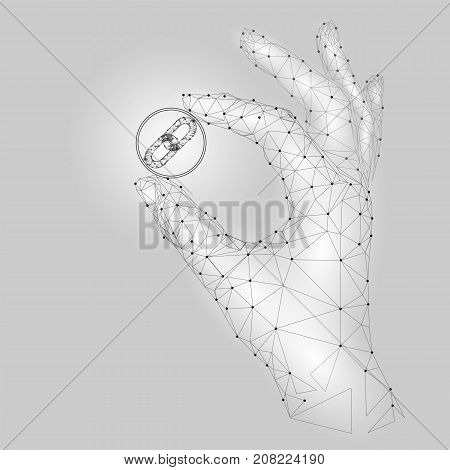 Low poly hand hold blockchain link symbol carefully. Polygonal triangle connected dot point white gray cryptocurrency coin. Finance business offer gain profit concept vector illustration art