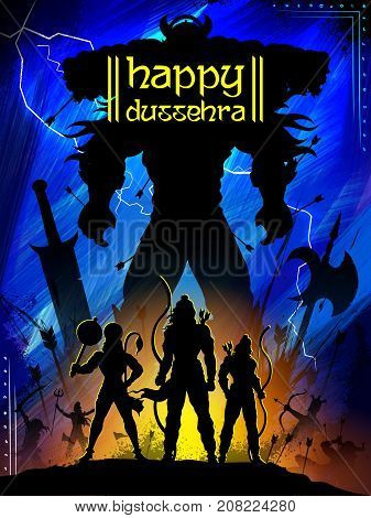 illustration of Lord Rama with bow arrow killing Ravan in Dussehra Navratri festival of India poster