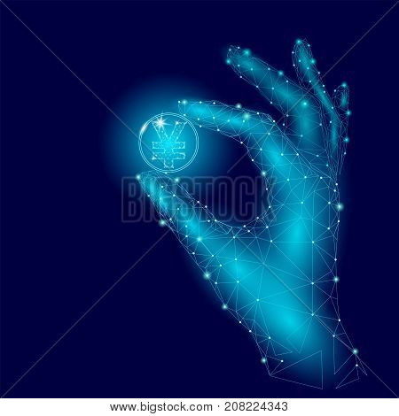Low poly hand hold yen coin symbol carefully. Polygonal triangle connected dot point blue currency value finance business offer gain profit concept vector illustration art