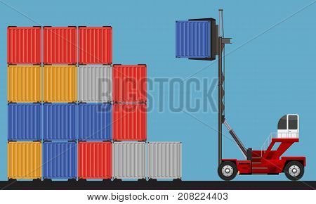 Crane lifting up container in yard. Flat and solid color design vector.