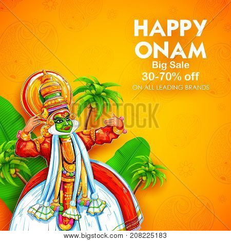 illustration of colorful Kathakali dancer on advertisement and promotion background for Happy Onam festival of South India Kerala