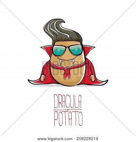 vector funny cartoon cute dracula potato with fangs and red cape isolated on white background. My name is dracula potato vector concept halloween background. vampire monster vegetable funky character