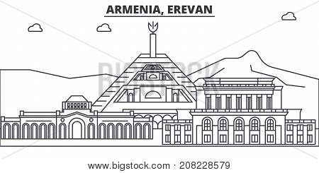 Armenia, Erevan architecture line skyline illustration. Linear vector cityscape with famous landmarks, city sights, design icons. Editable strokes