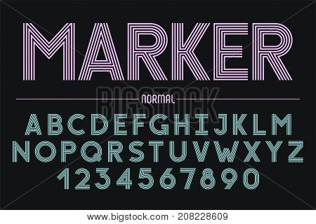 Retro futuristic bold decorative font design alphabet typeface typography. 5 lines Vector illustration