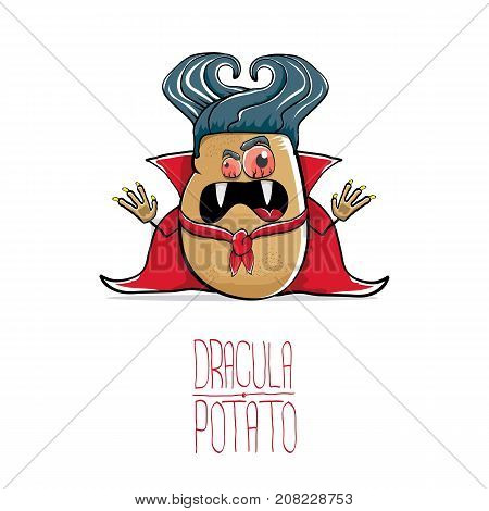 vector funny cartoon cute dracula potato with fangs and red cape isolated on white background. My name is dracula potato vector concept halloween background. vampire monster vegetable funky character