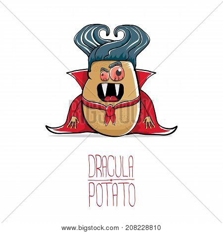 vector funny cartoon cute dracula potato with fangs and red cape isolated on white background. My name is dracula potato vector concept halloween background. vampire monster vegetable funky character