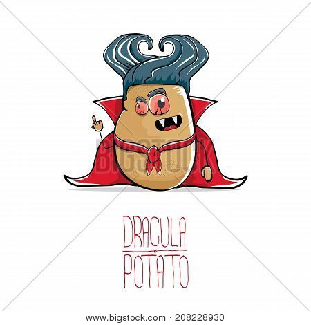vector funny cartoon cute dracula potato with fangs and red cape isolated on white background. My name is dracula potato vector concept halloween background. vampire monster vegetable funky character