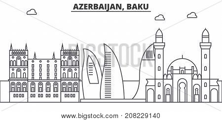 Azerbaijan, Baku architecture line skyline illustration. Linear vector cityscape with famous landmarks, city sights, design icons. Editable strokes