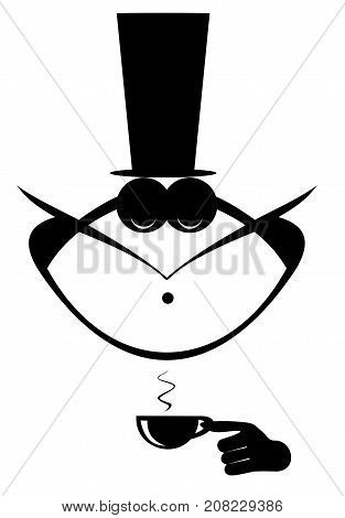 Mustache man in the top hat has a cap of coffee isolated. Mustache man in the top hat drinks a cup of coffee black on white illustration