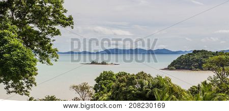 Panorama view of Phang-Nga bay with very small islands view from Cape Yamu Phuket Thailand. It is at east coast of Phuket that is very calm and quite side.