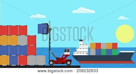 Crane lifting up container in yard. Flat and solid color design vector.